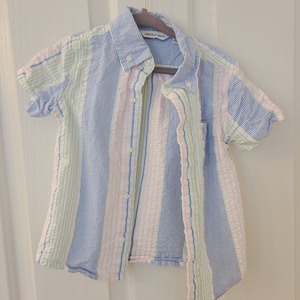 Janie and Jack Blue, Pink, and Cream Striped Button Down Shirt